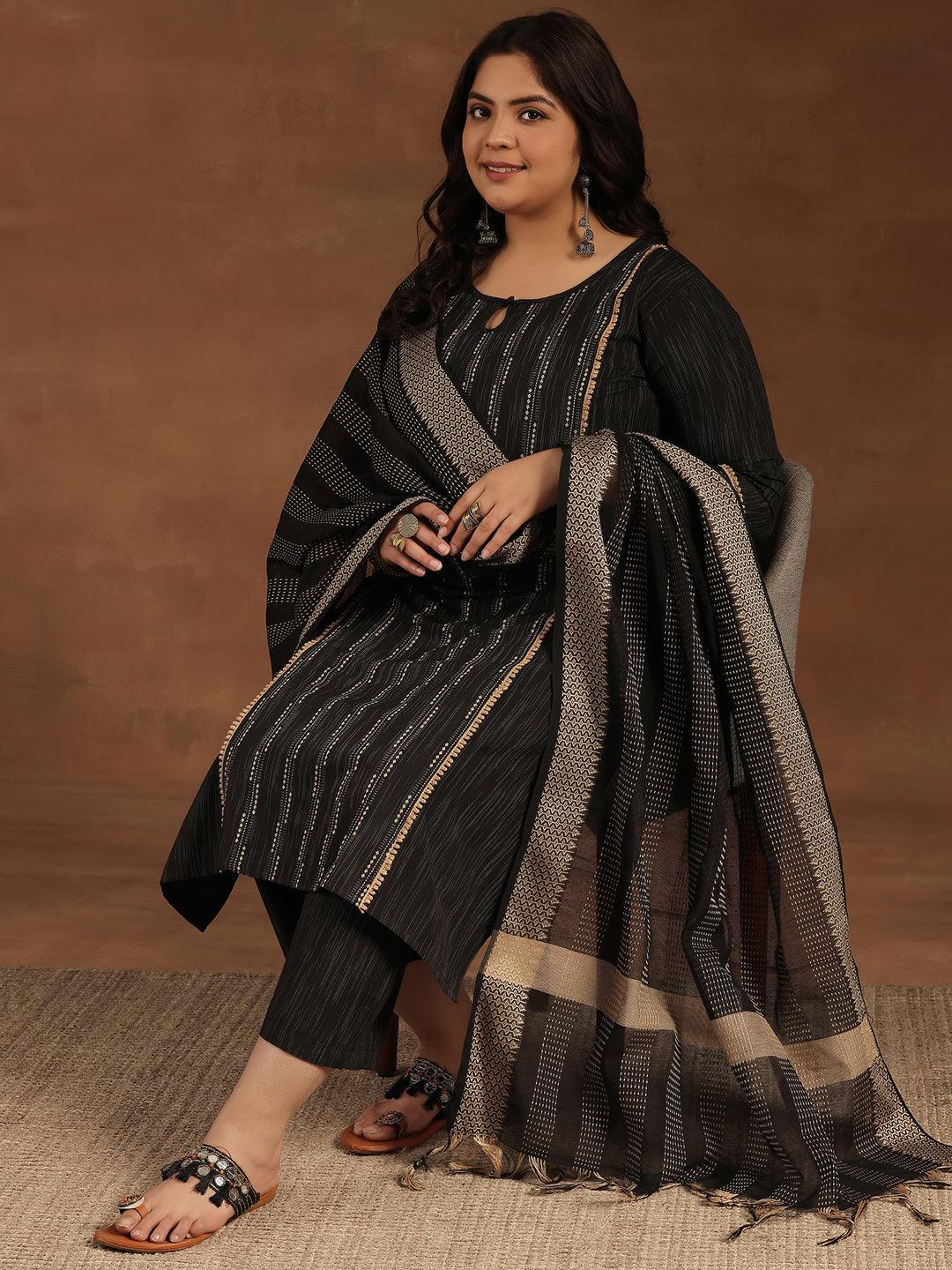 Plus Size Black Self Design Cotton Blend Straight Suit With Dupatta - Libas