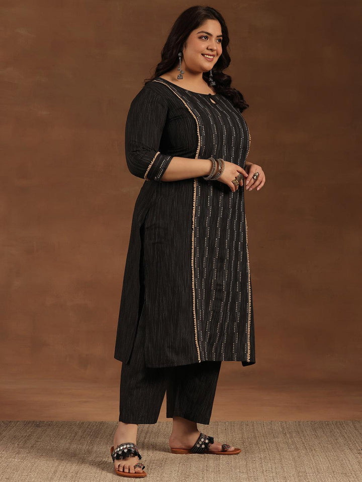 Plus Size Black Self Design Cotton Blend Straight Suit With Dupatta - Libas