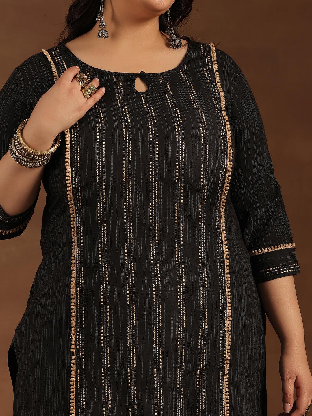 Plus Size Black Self Design Cotton Blend Straight Suit With Dupatta - Libas