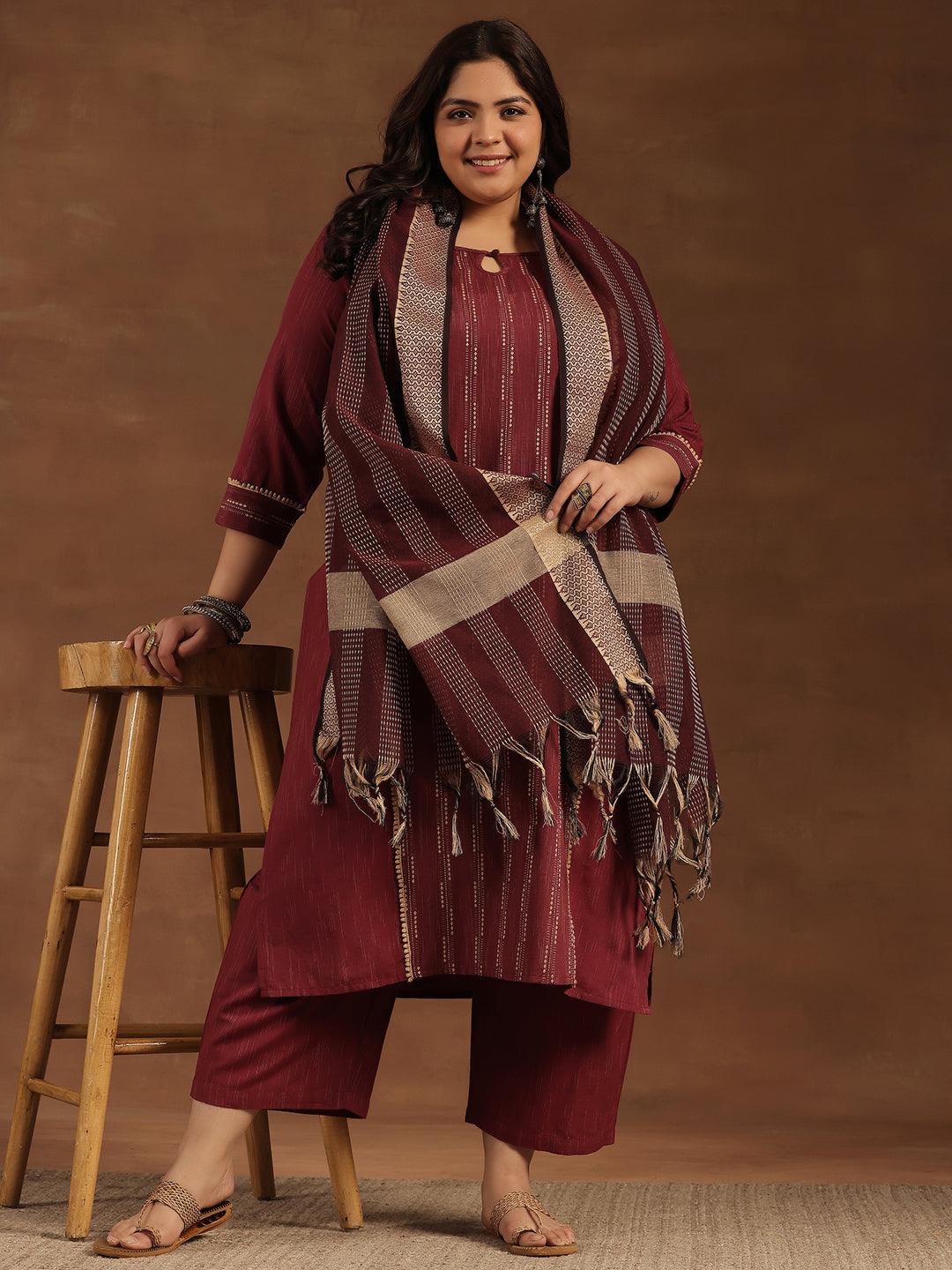 Plus Size Maroon Self Design Cotton Blend Straight Suit With Dupatta - Libas