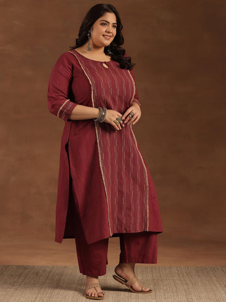 Plus Size Maroon Self Design Cotton Blend Straight Suit With Dupatta - Libas