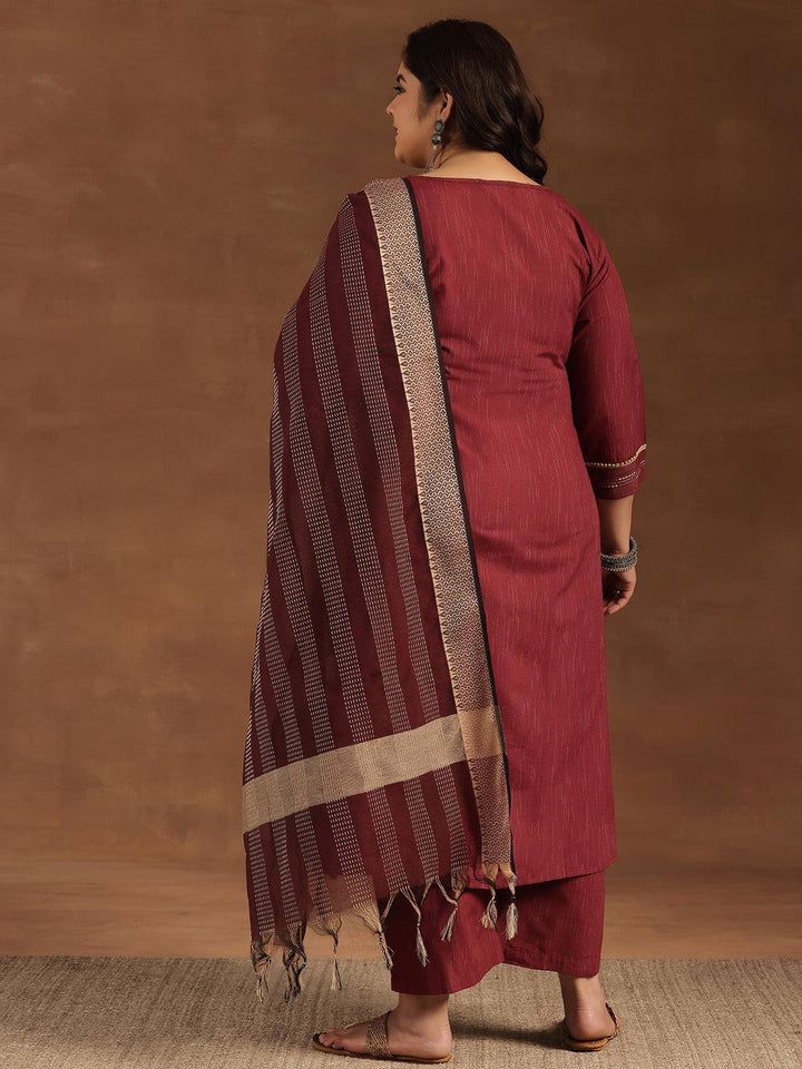 Plus Size Maroon Self Design Cotton Blend Straight Suit With Dupatta - Libas