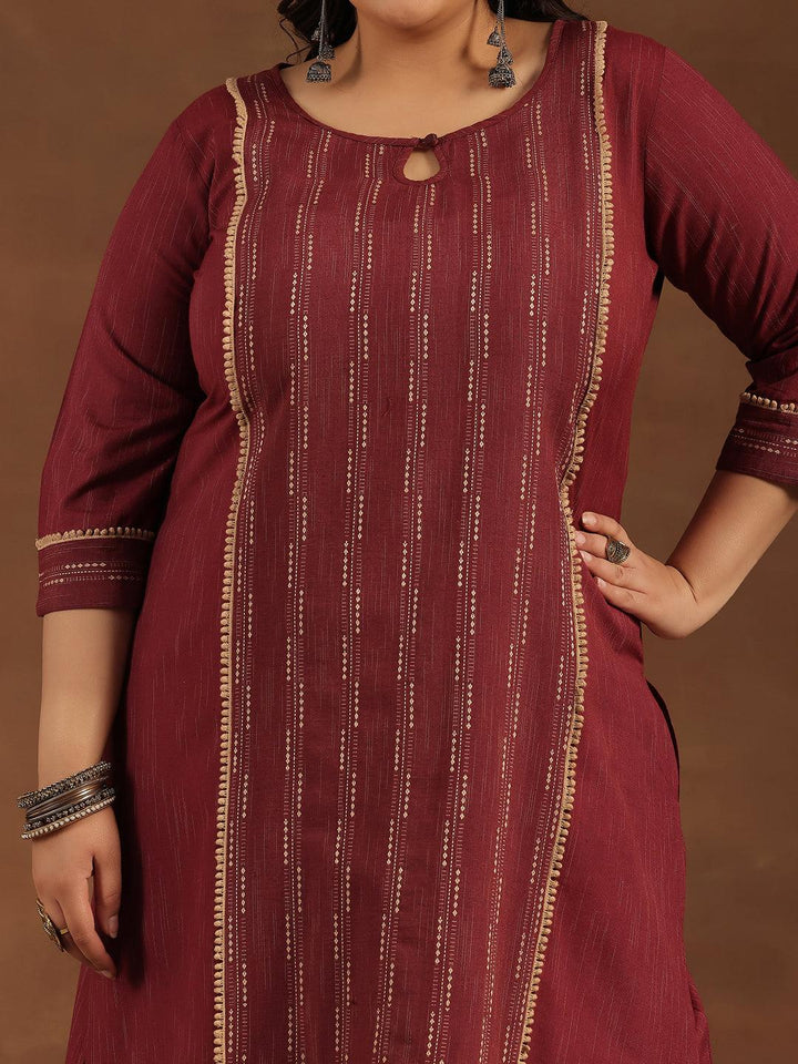 Plus Size Maroon Self Design Cotton Blend Straight Suit With Dupatta - Libas