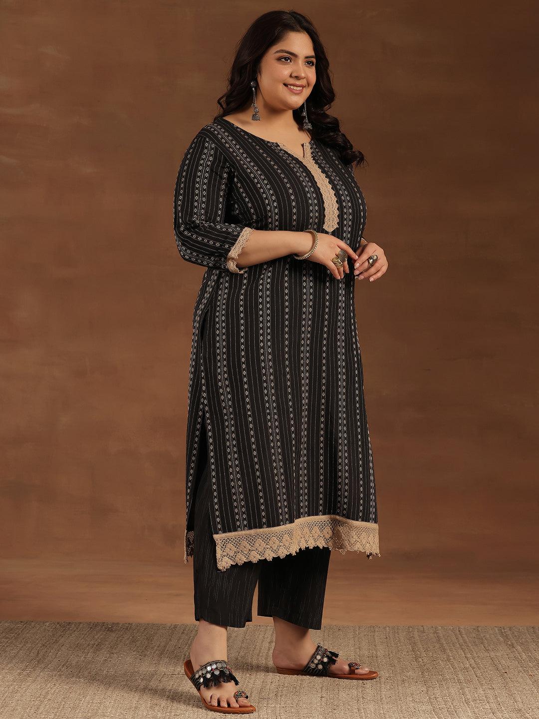 Plus Size Black Self Design Cotton Blend Straight Suit With Dupatta - Libas