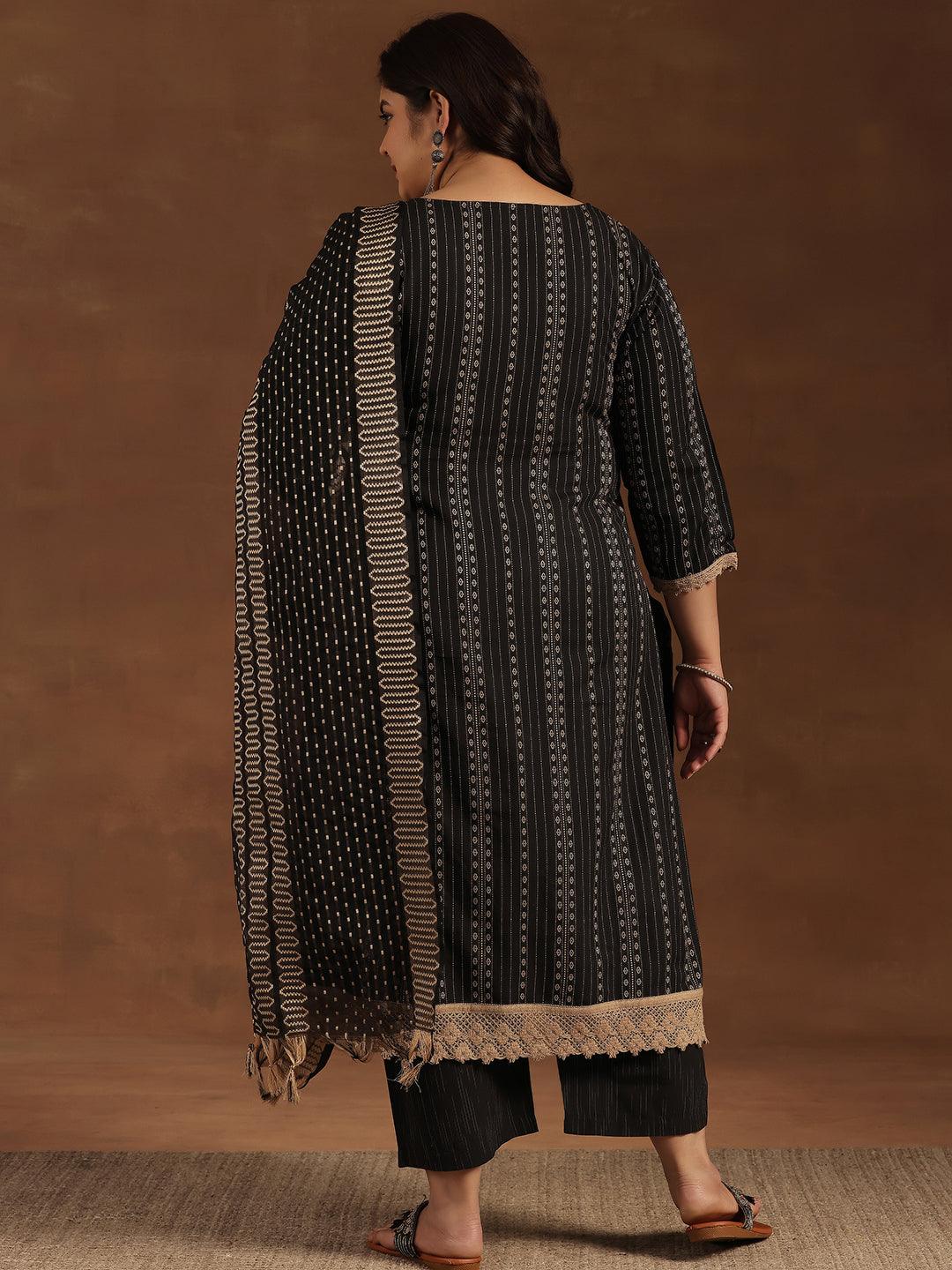 Plus Size Black Self Design Cotton Blend Straight Suit With Dupatta