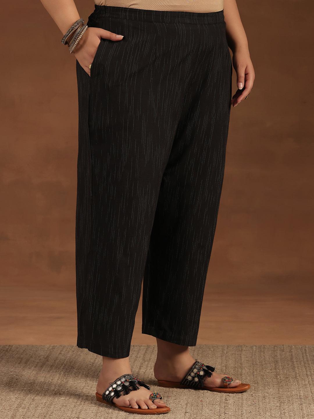 Plus Size Black Self Design Cotton Blend Straight Suit With Dupatta