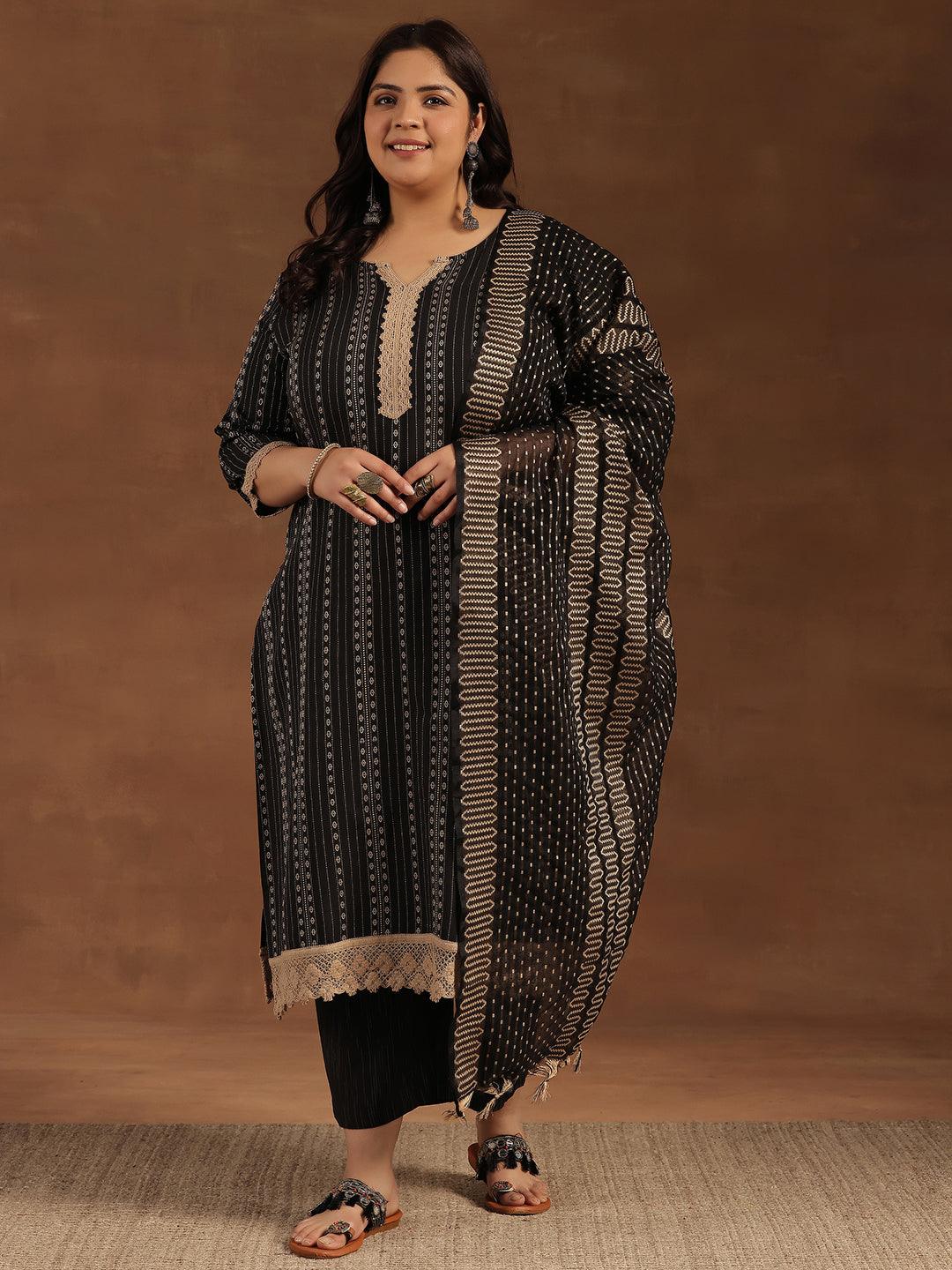 Plus Size Black Self Design Cotton Blend Straight Suit With Dupatta - Libas