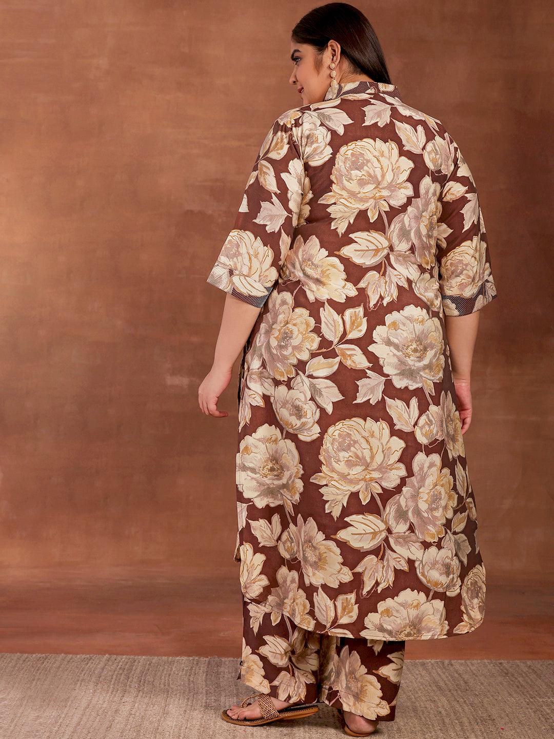 Plus Size Brown Printed Silk Blend Co-Ords - Libas 