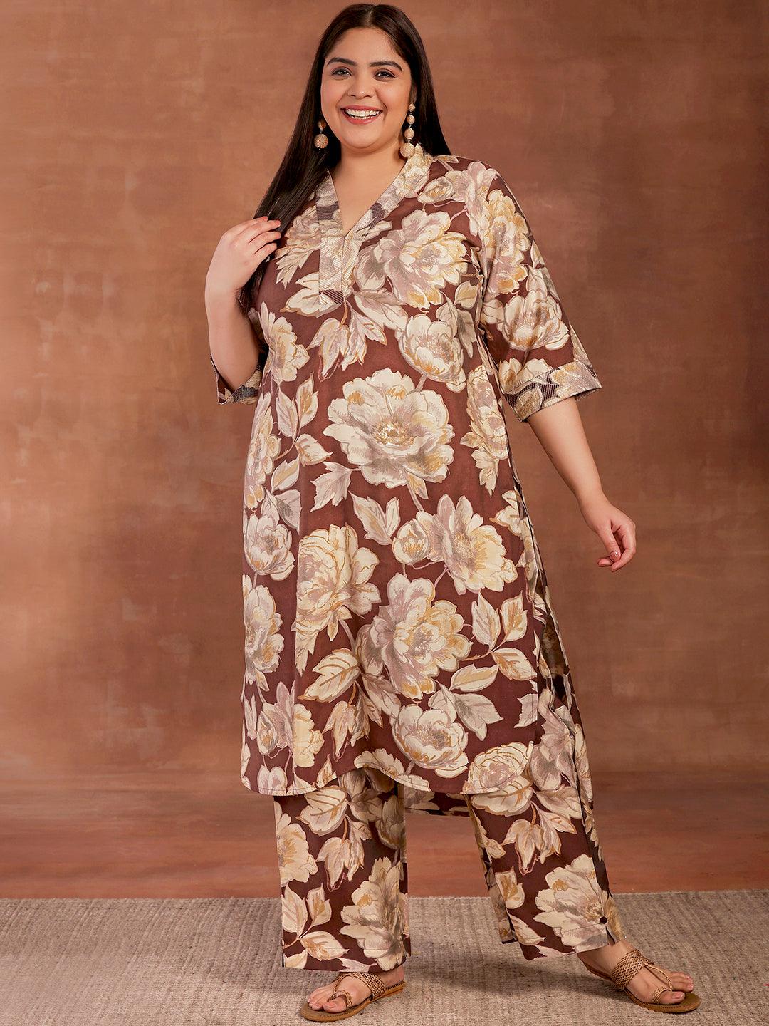 Plus Size Brown Printed Silk Blend Co-Ords - Libas