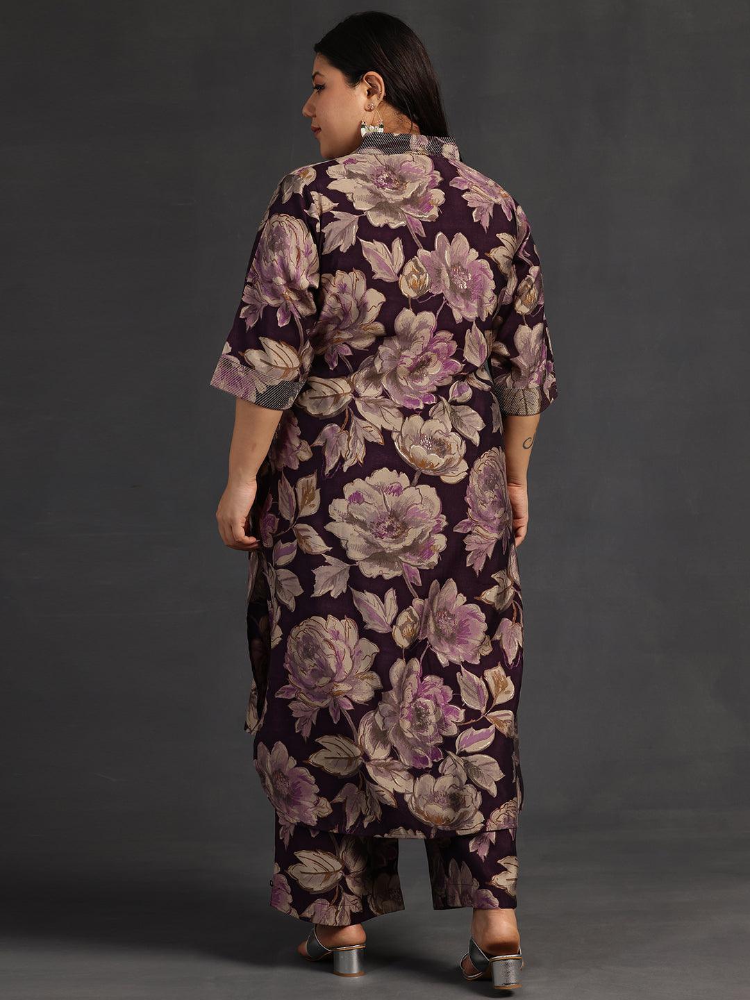 Plus Size Purple Printed Silk Blend Co-Ords