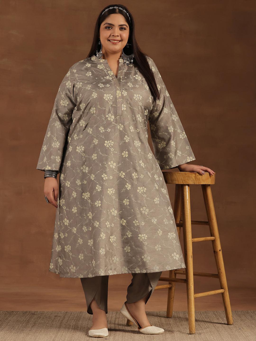 Plus Size Grey Printed Silk Blend Straight Kurta Set - Libas