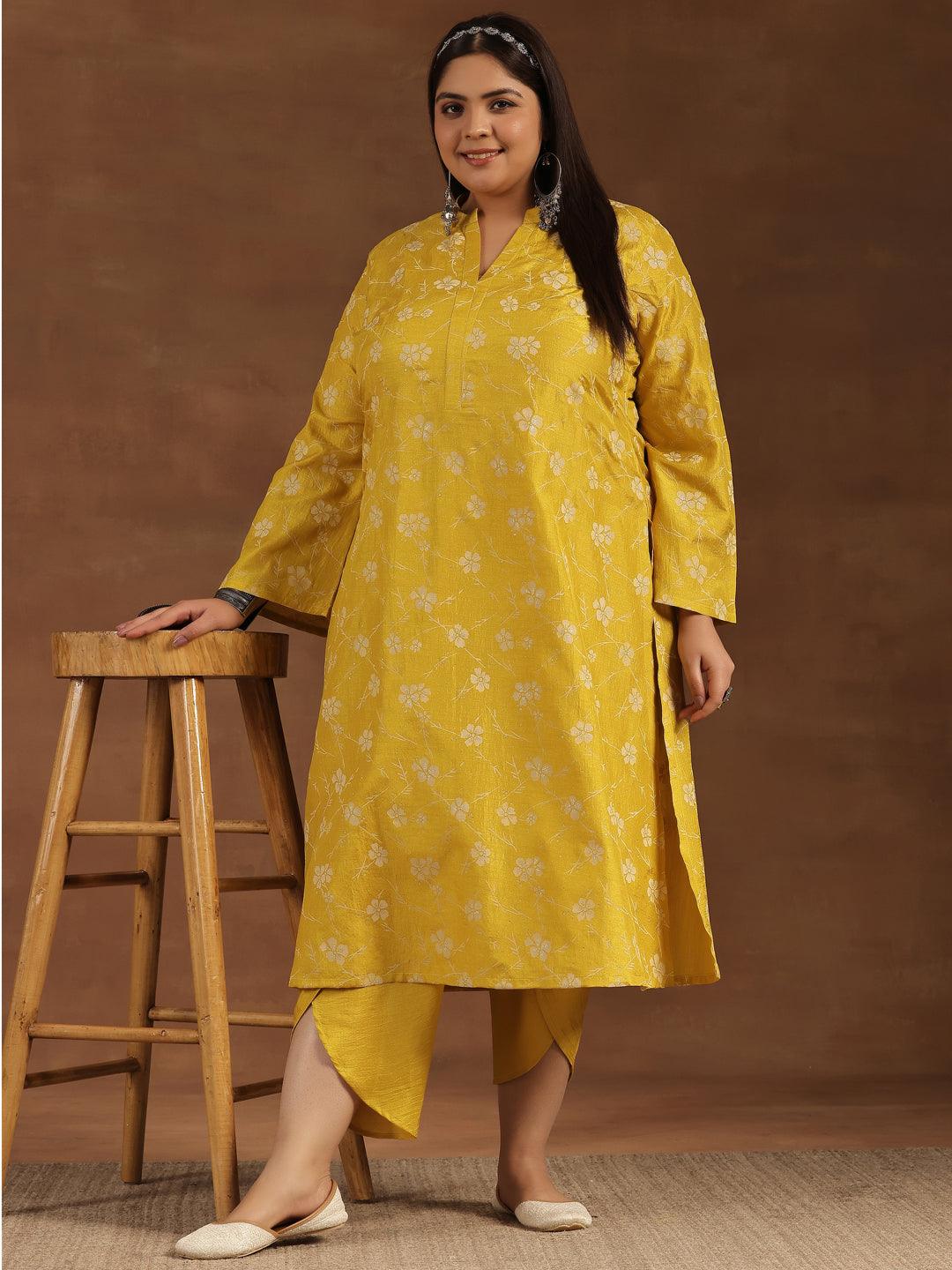 Plus Size Mustard Printed Silk Blend Straight Kurta Set - Libas