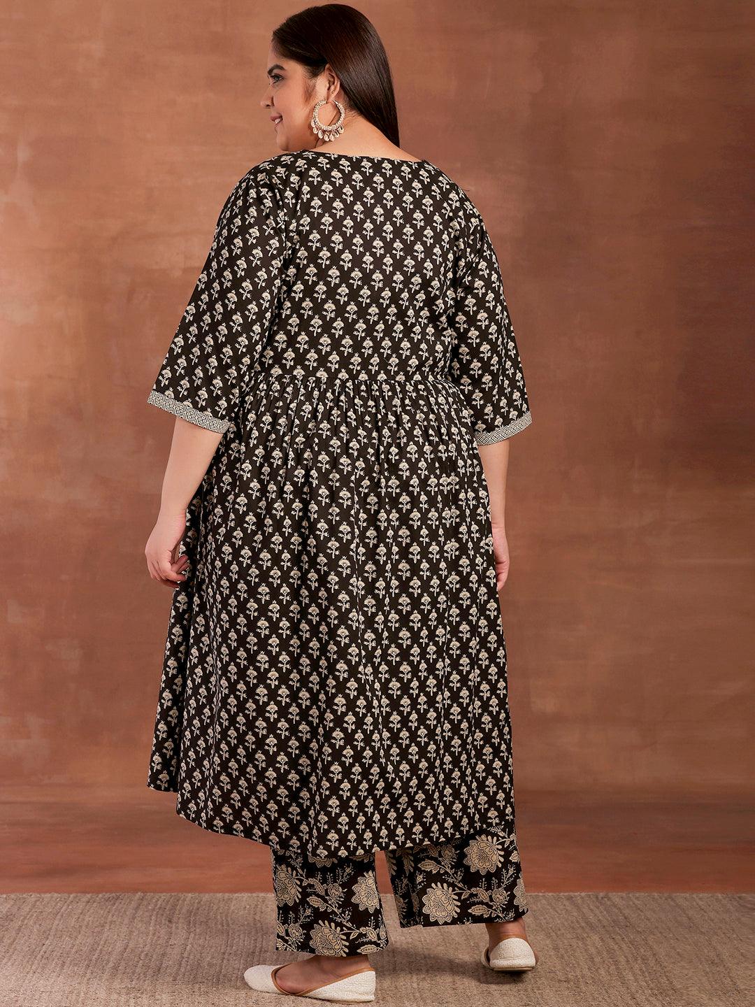 Plus Size Black Printed Cotton A-Line Kurta With Palazzos - Libas