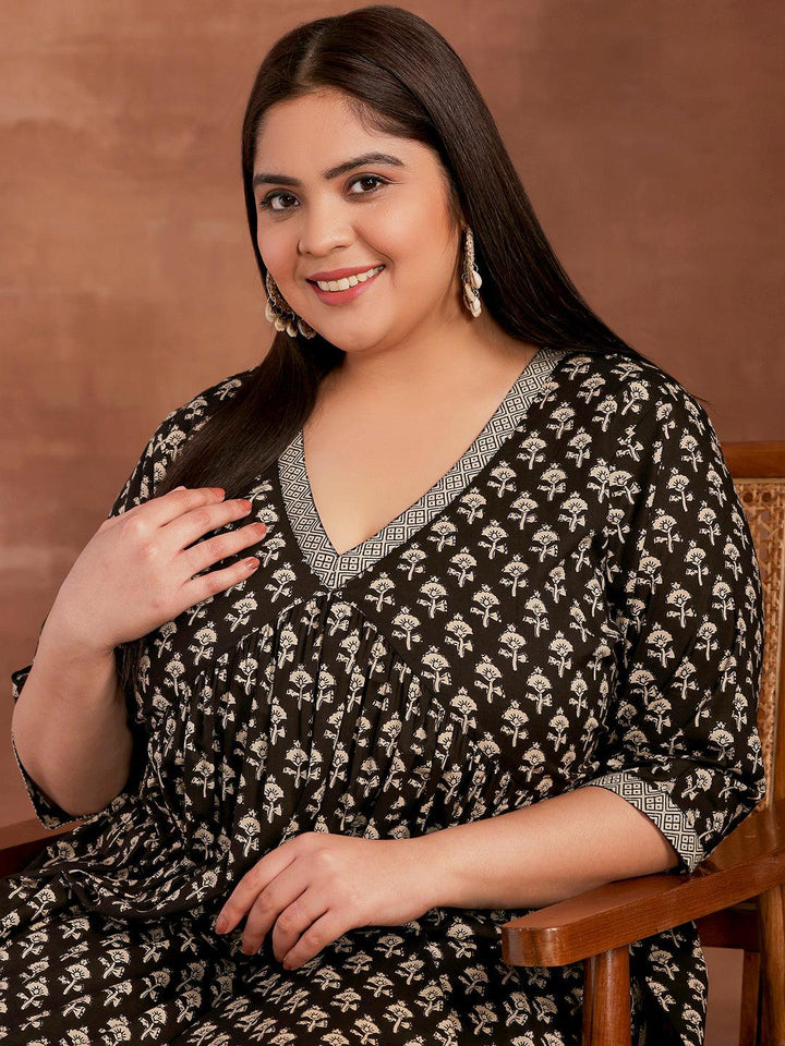 Plus Size Black Printed Cotton A-Line Kurta With Palazzos - Libas