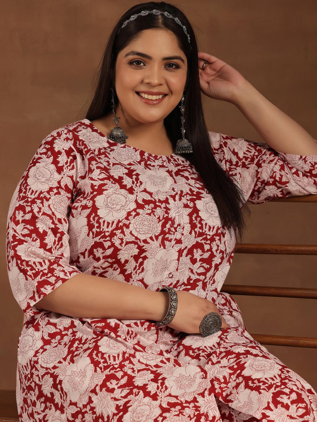 Plus Size Maroon Printed Cotton Co-Ords