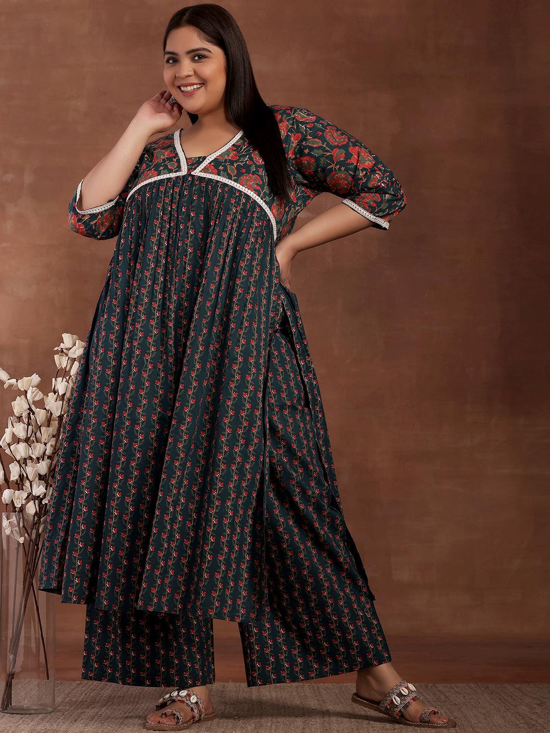 Plus Size Blue Printed Cotton A-Line Kurta With Palazzos - Libas 