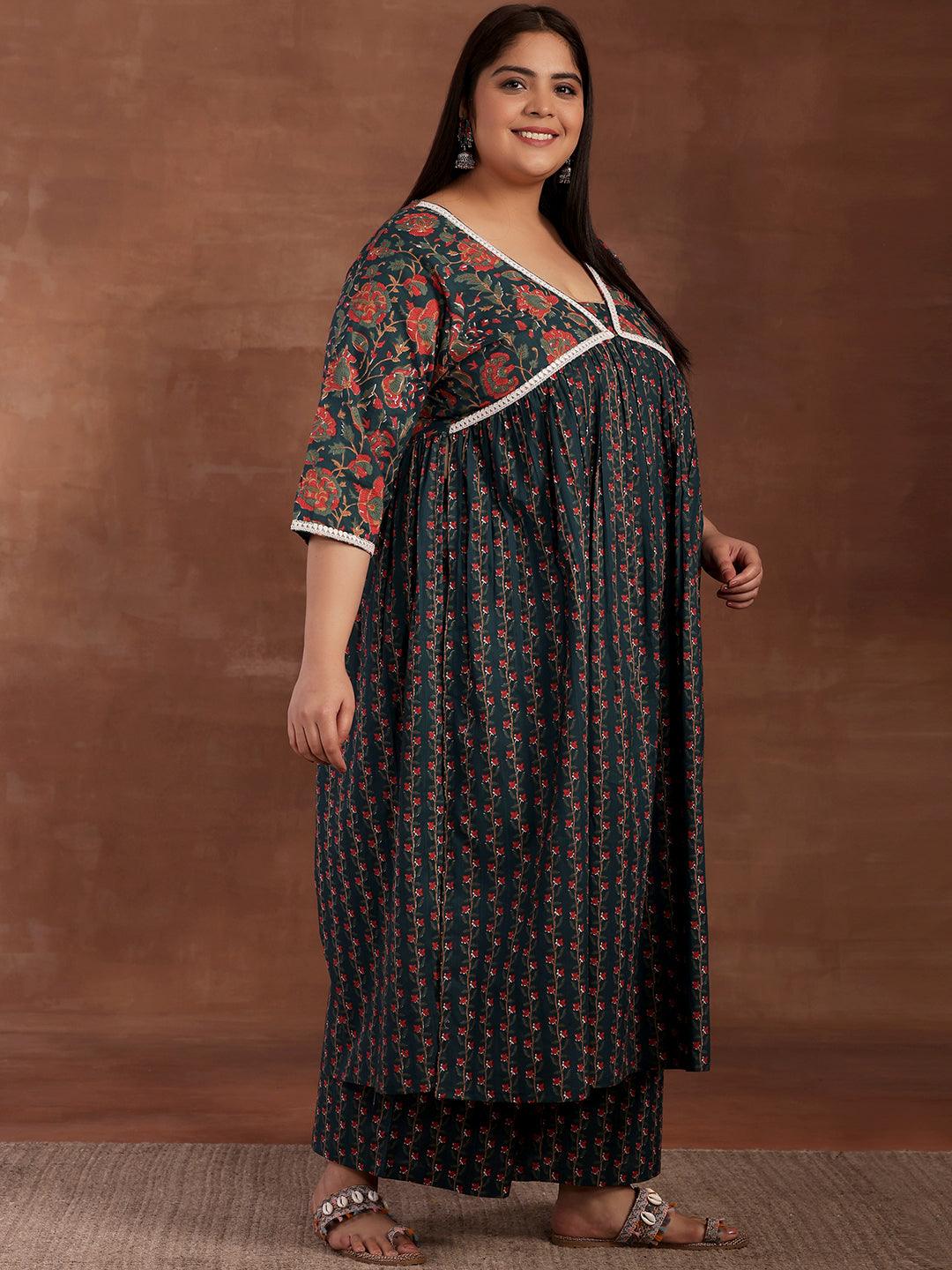 Plus Size Blue Printed Cotton A-Line Kurta With Palazzos - Libas