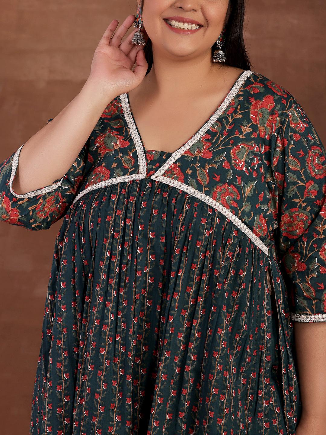 Plus Size Blue Printed Cotton A-Line Kurta With Palazzos - Libas 