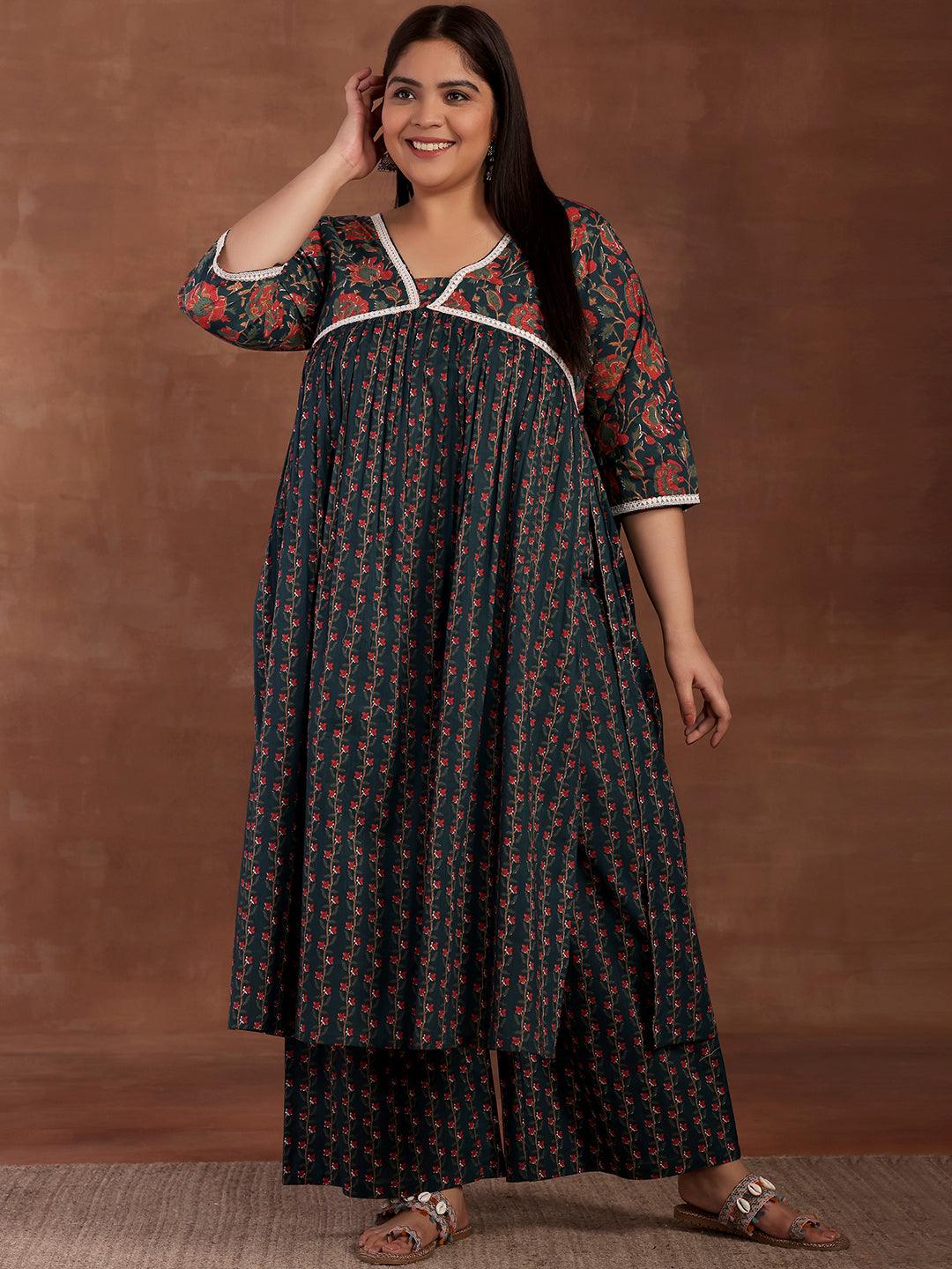 Plus Size Blue Printed Cotton A-Line Kurta With Palazzos - Libas 