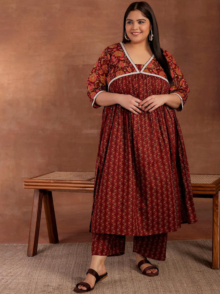 Plus Size Rust Printed Cotton A-Line Kurta With Palazzos - Libas