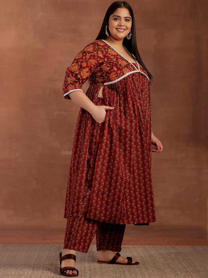 Plus Size Rust Printed Cotton A-Line Kurta With Palazzos - Libas