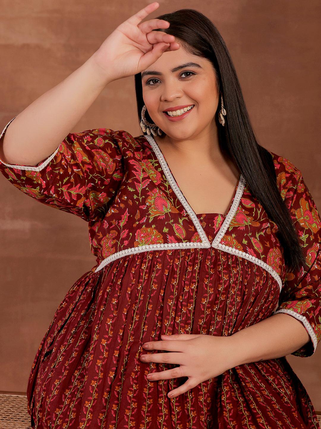 Plus Size Rust Printed Cotton A-Line Kurta With Palazzos - Libas