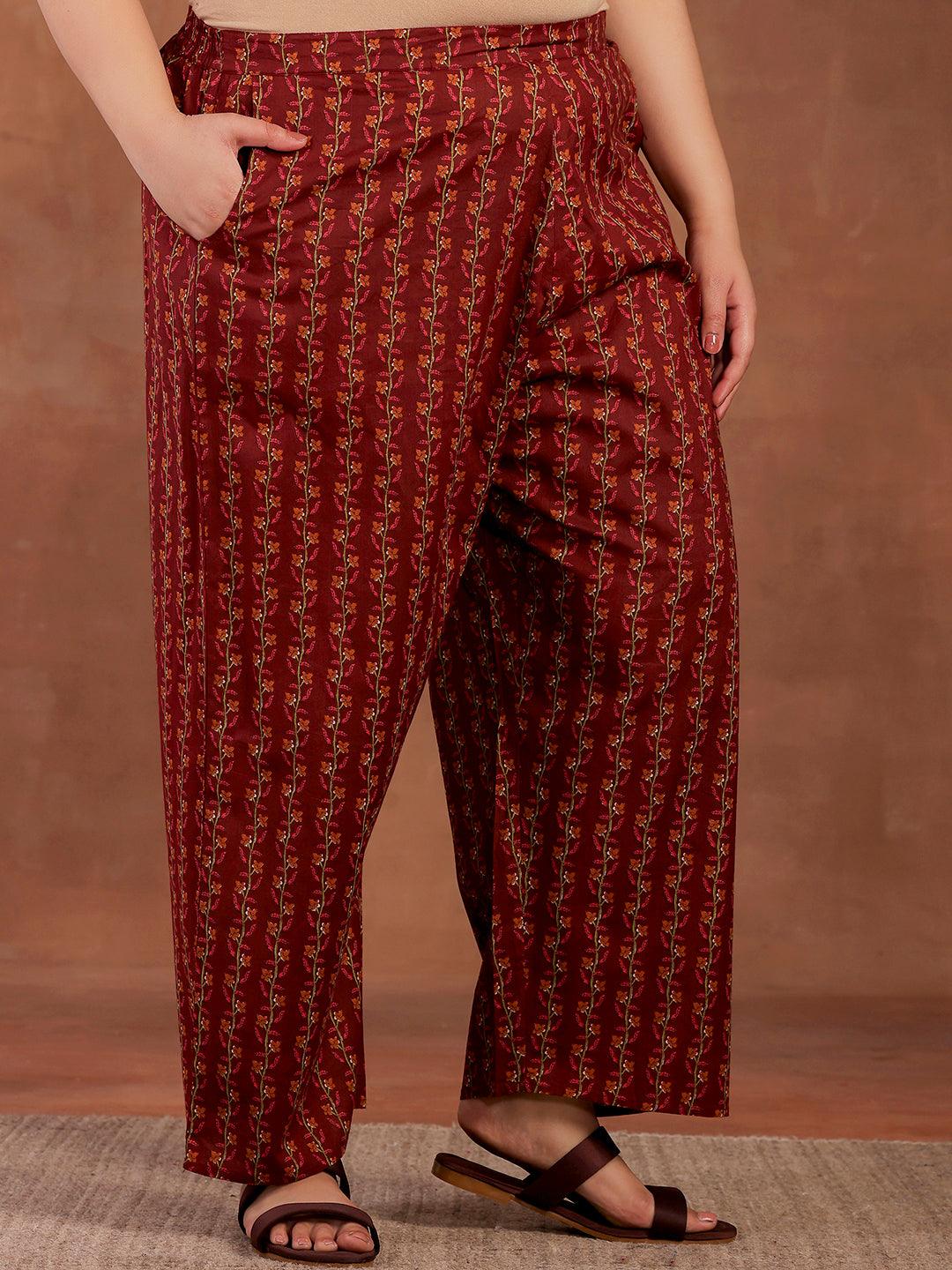 Plus Size Rust Printed Cotton A-Line Kurta With Palazzos - Libas