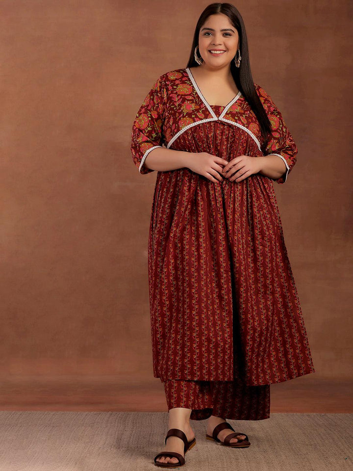 Plus Size Rust Printed Cotton A-Line Kurta With Palazzos - Libas