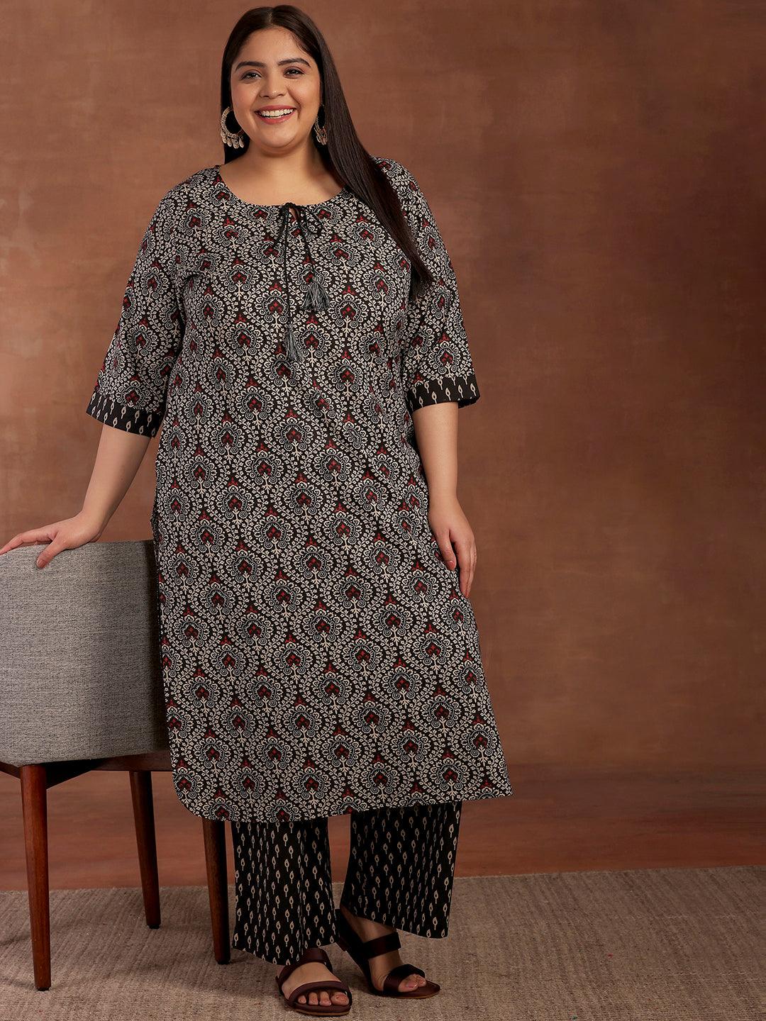 Plus Size Black Printed Cotton Straight Kurta With Palazzos - Libas