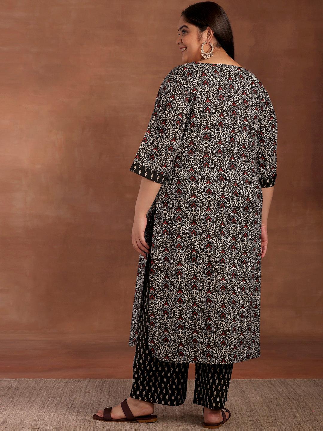 Plus Size Black Printed Cotton Straight Kurta With Palazzos - Libas