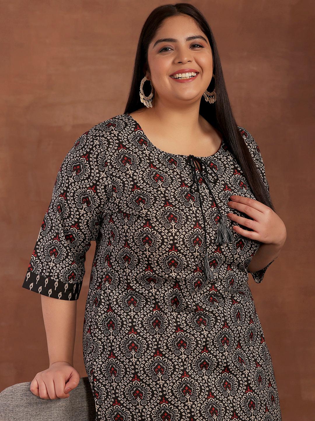 Plus Size Black Printed Cotton Straight Kurta With Palazzos - Libas