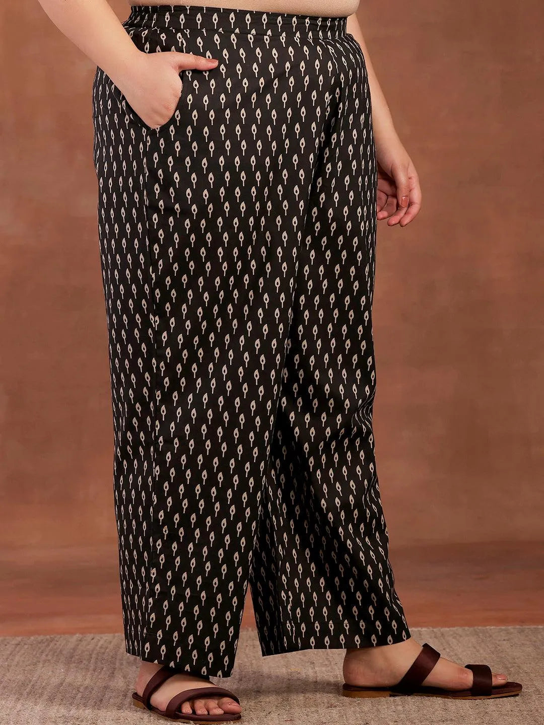 Plus Size Black Printed Cotton Straight Kurta With Palazzos - Libas