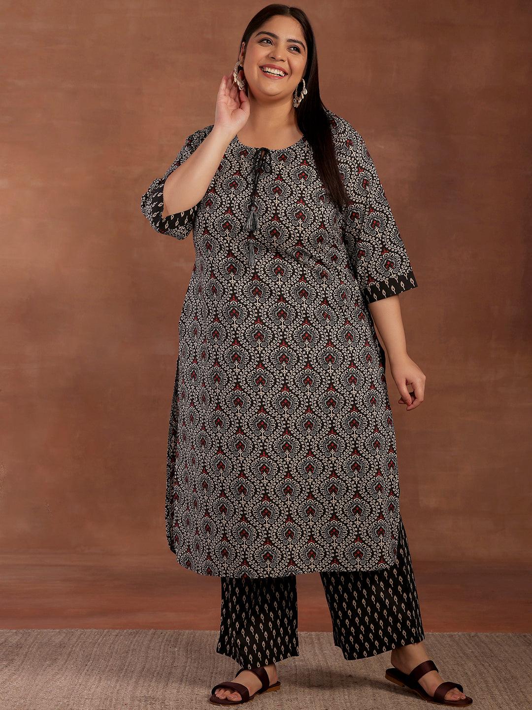 Plus Size Black Printed Cotton Straight Kurta With Palazzos - Libas