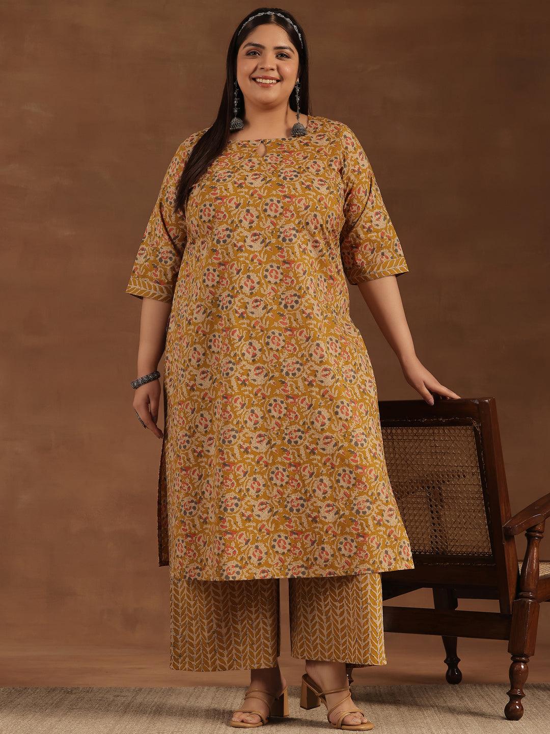 Plus Size Mustard Printed Cotton Straight Kurta Set - Libas