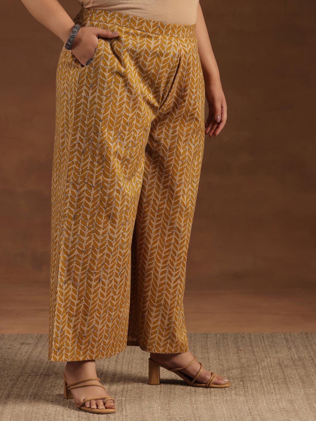 Plus Size Mustard Printed Cotton Straight Kurta Set - Libas