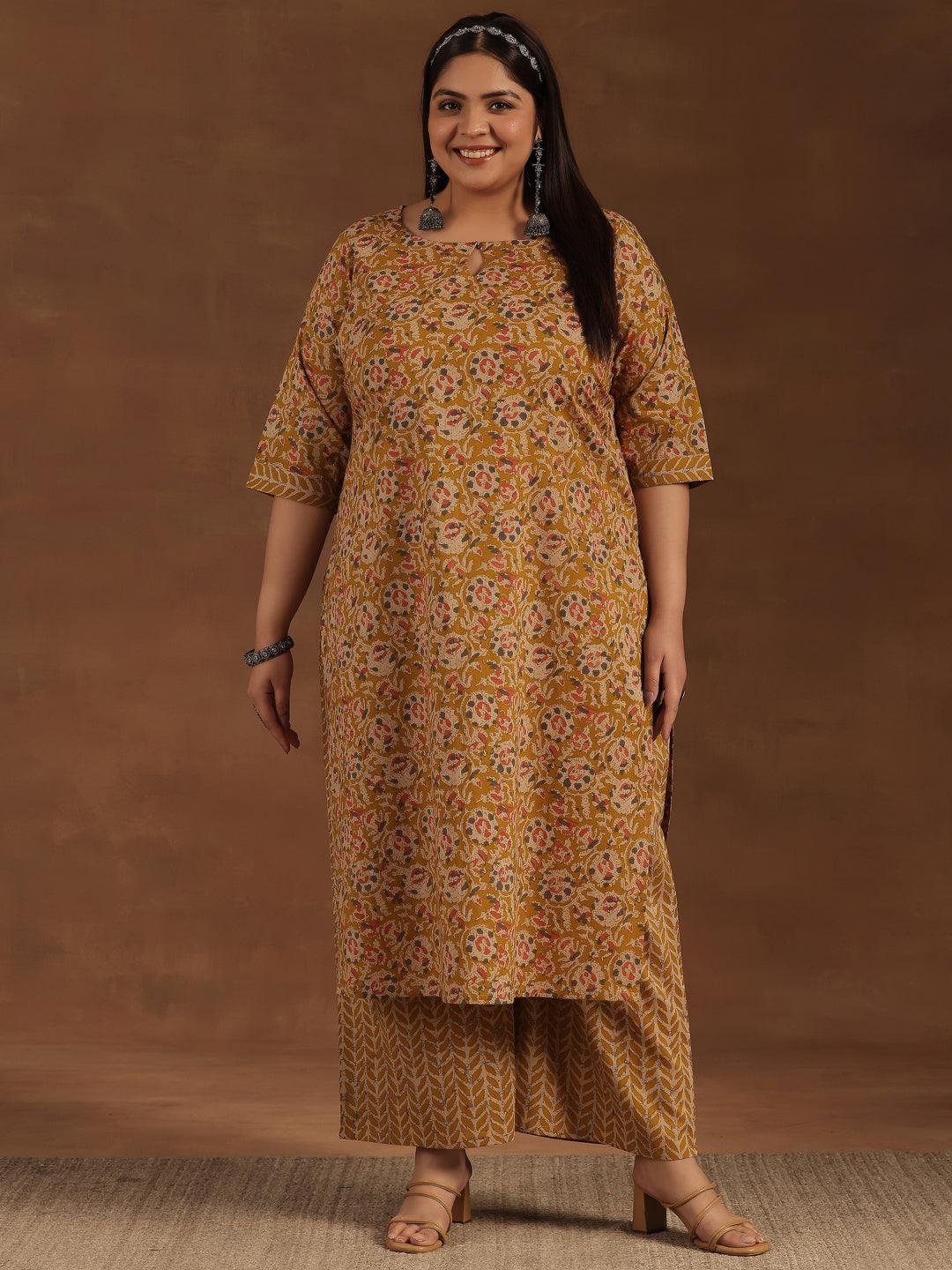 Plus Size Mustard Printed Cotton Straight Kurta Set - Libas