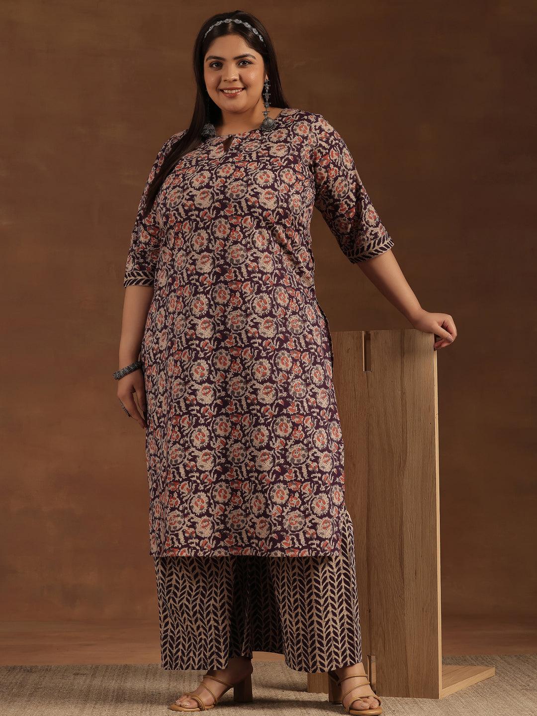 Plus Size Purple Printed Cotton Straight Kurta Set - Libas