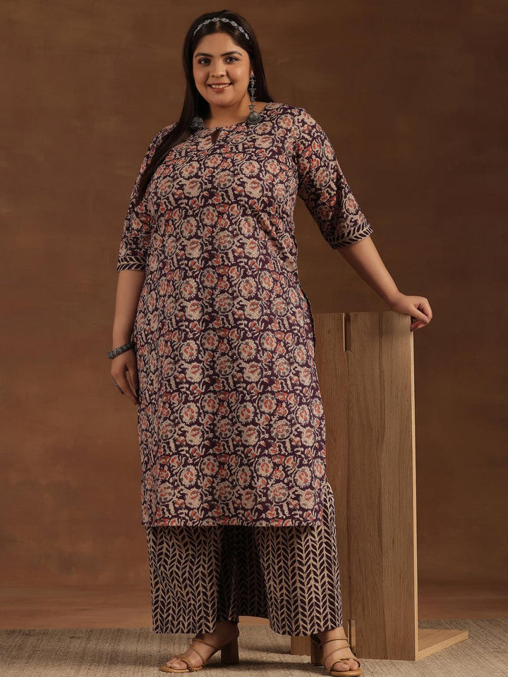 Plus Size Purple Printed Cotton Straight Kurta Set - Libas