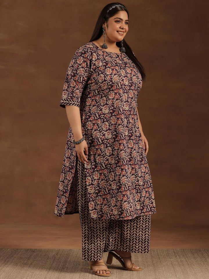 Plus Size Purple Printed Cotton Straight Kurta Set - Libas