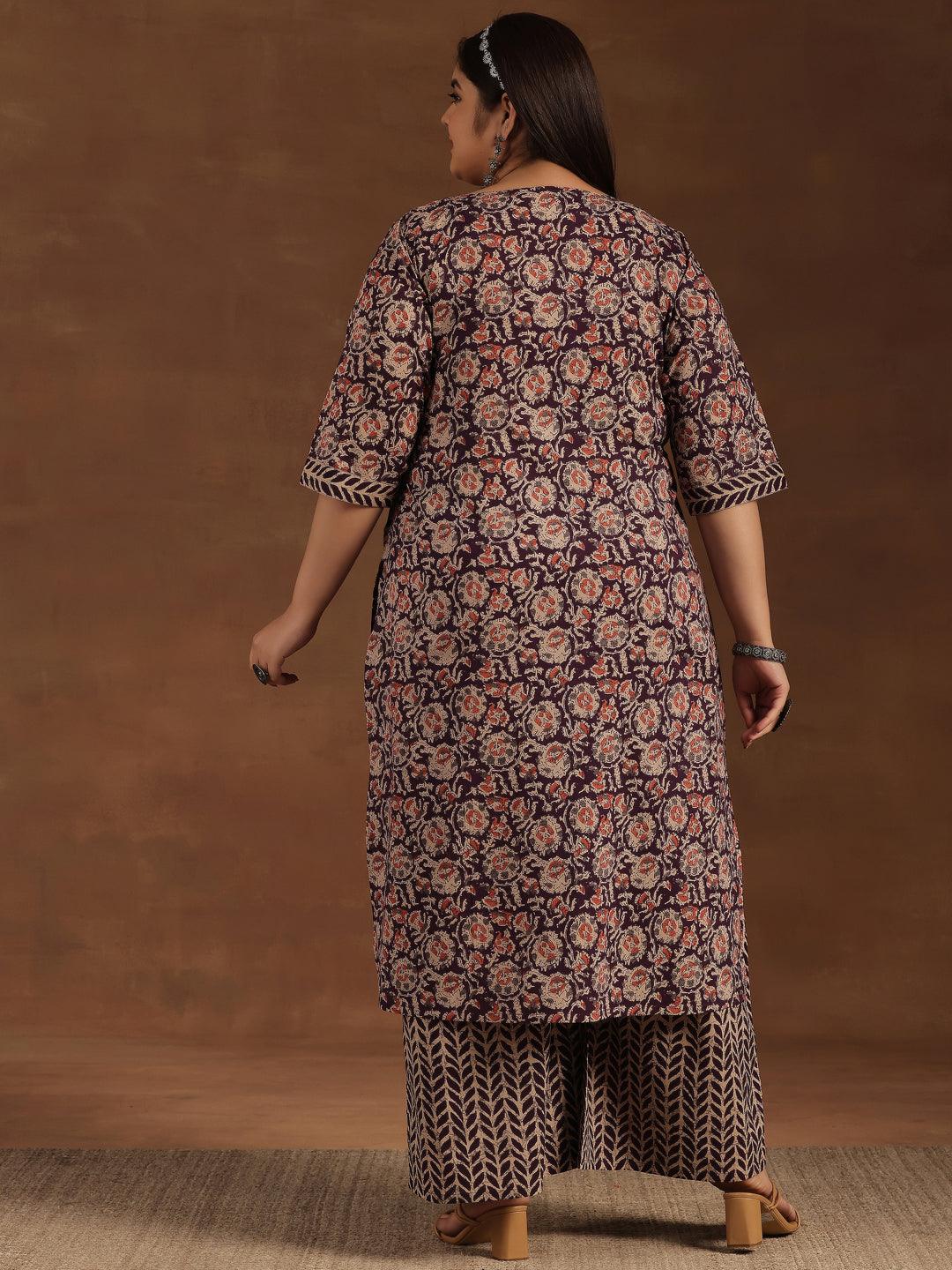 Plus Size Purple Printed Cotton Straight Kurta Set - Libas