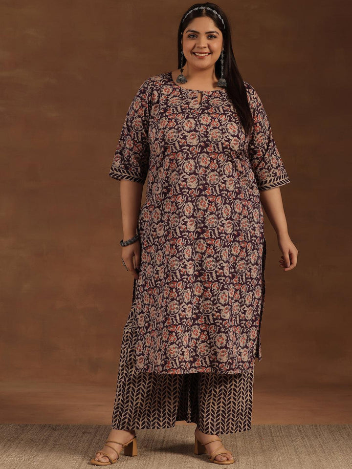 Plus Size Purple Printed Cotton Straight Kurta Set - Libas