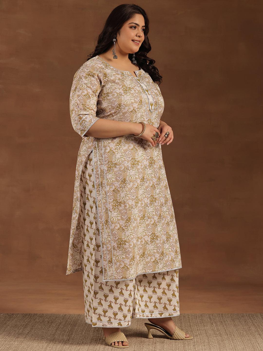 Plus Size Beige Printed Cotton Straight Suit With Dupatta