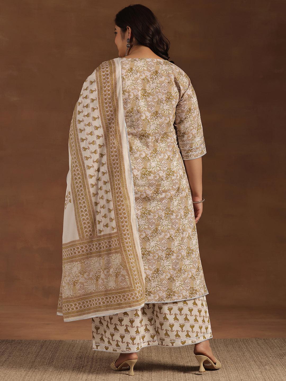 Plus Size Beige Printed Cotton Straight Suit With Dupatta