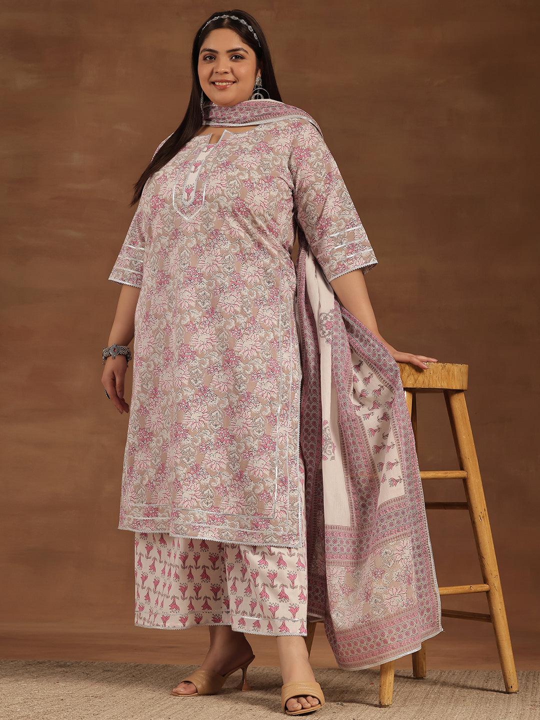 Plus Size Pink Printed Cotton Straight Suit With Dupatta - Libas