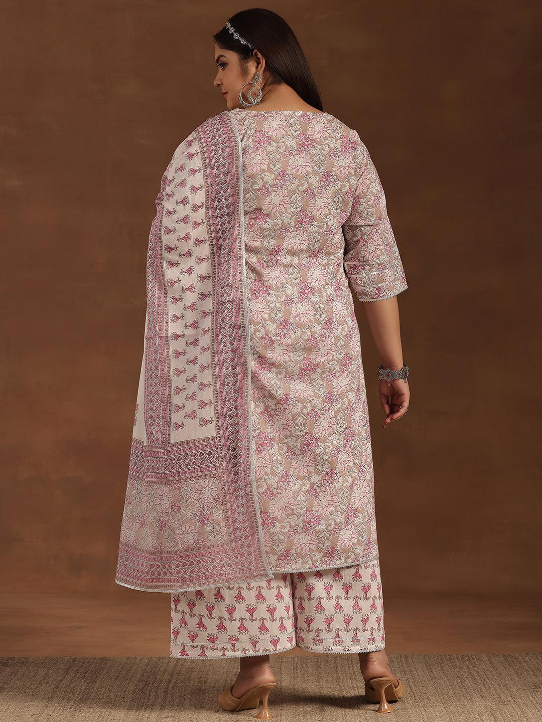 Plus Size Pink Printed Cotton Straight Suit With Dupatta - Libas