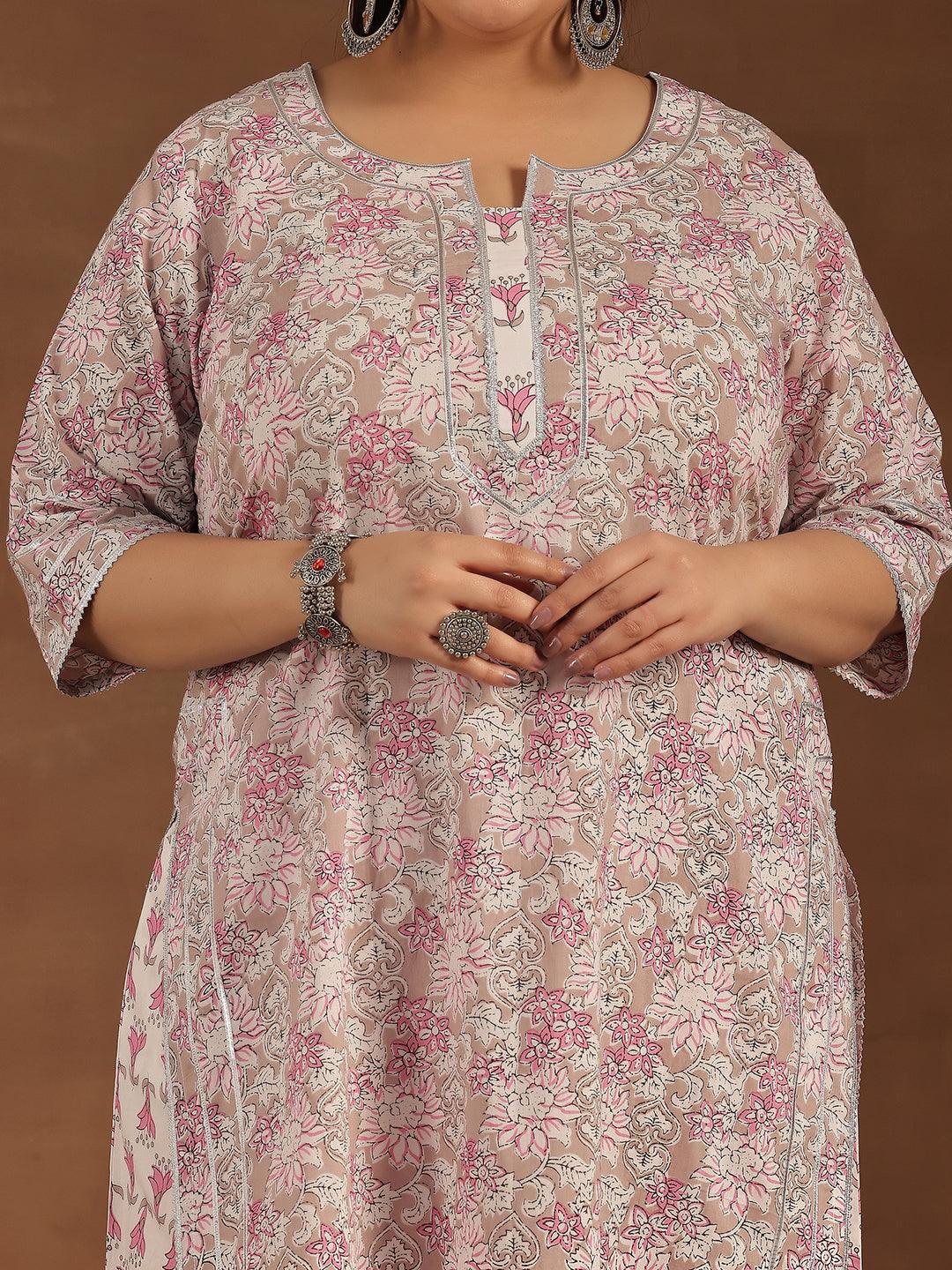 Plus Size Pink Printed Cotton Straight Suit With Dupatta - Libas