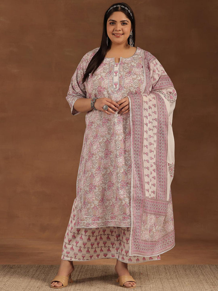 Plus Size Pink Printed Cotton Straight Suit With Dupatta - Libas