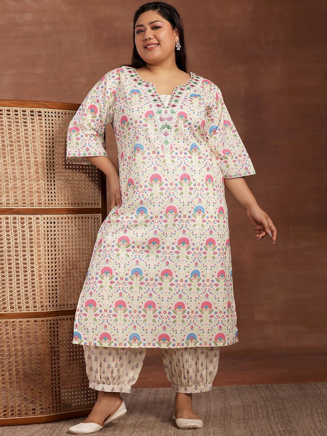 Plus Size Off White Printed Cotton Straight Kurta With Salwar - Libas