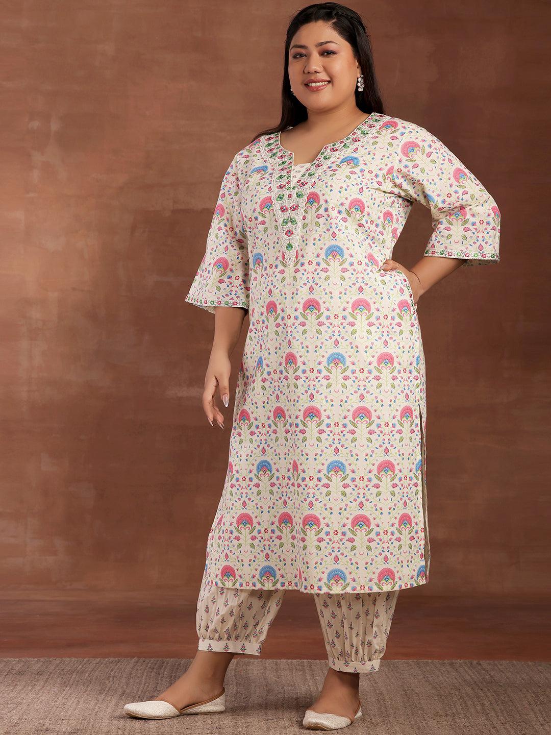 Plus Size Off White Printed Cotton Straight Kurta With Salwar - Libas