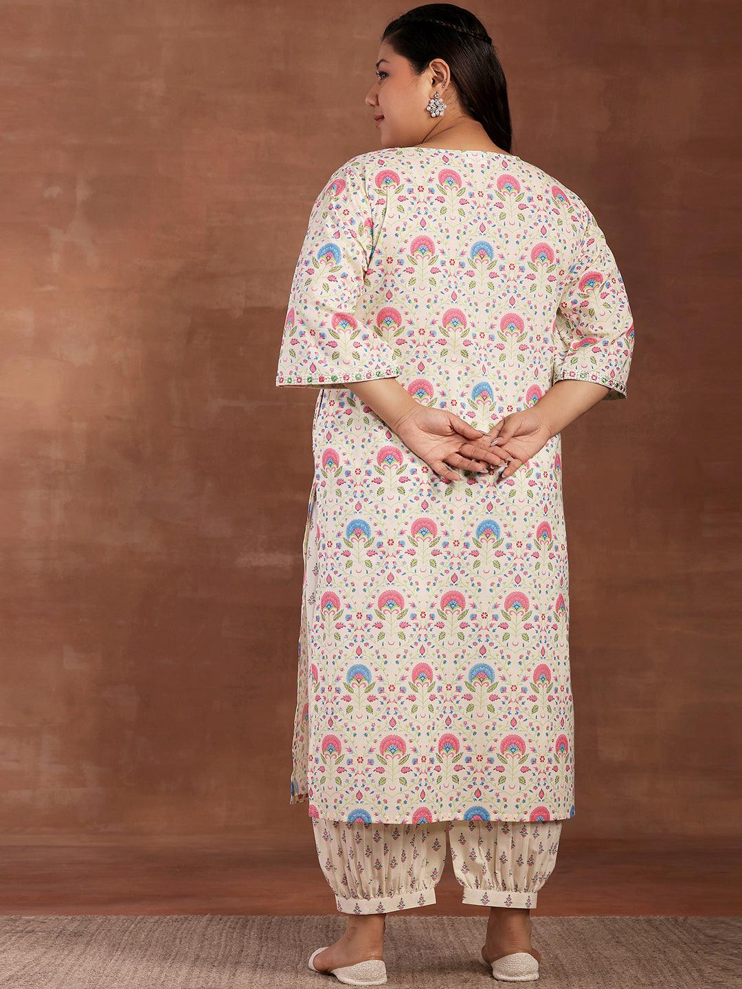 Plus Size Off White Printed Cotton Straight Kurta With Salwar - Libas